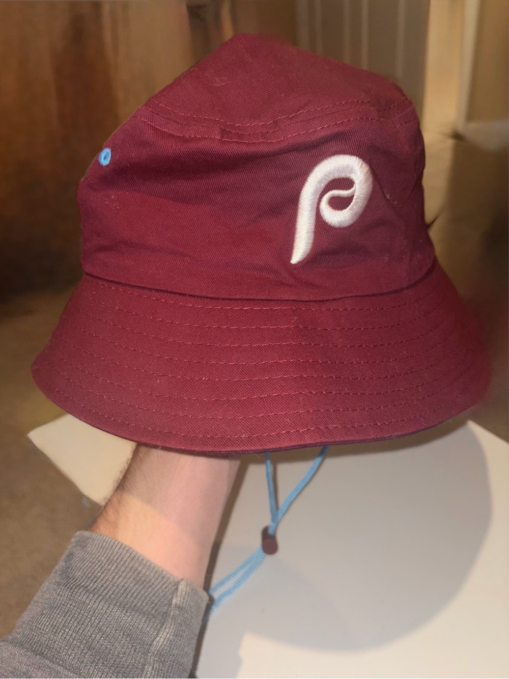 Retro Phillies Logo Bucket Hat with Blue Drawstring